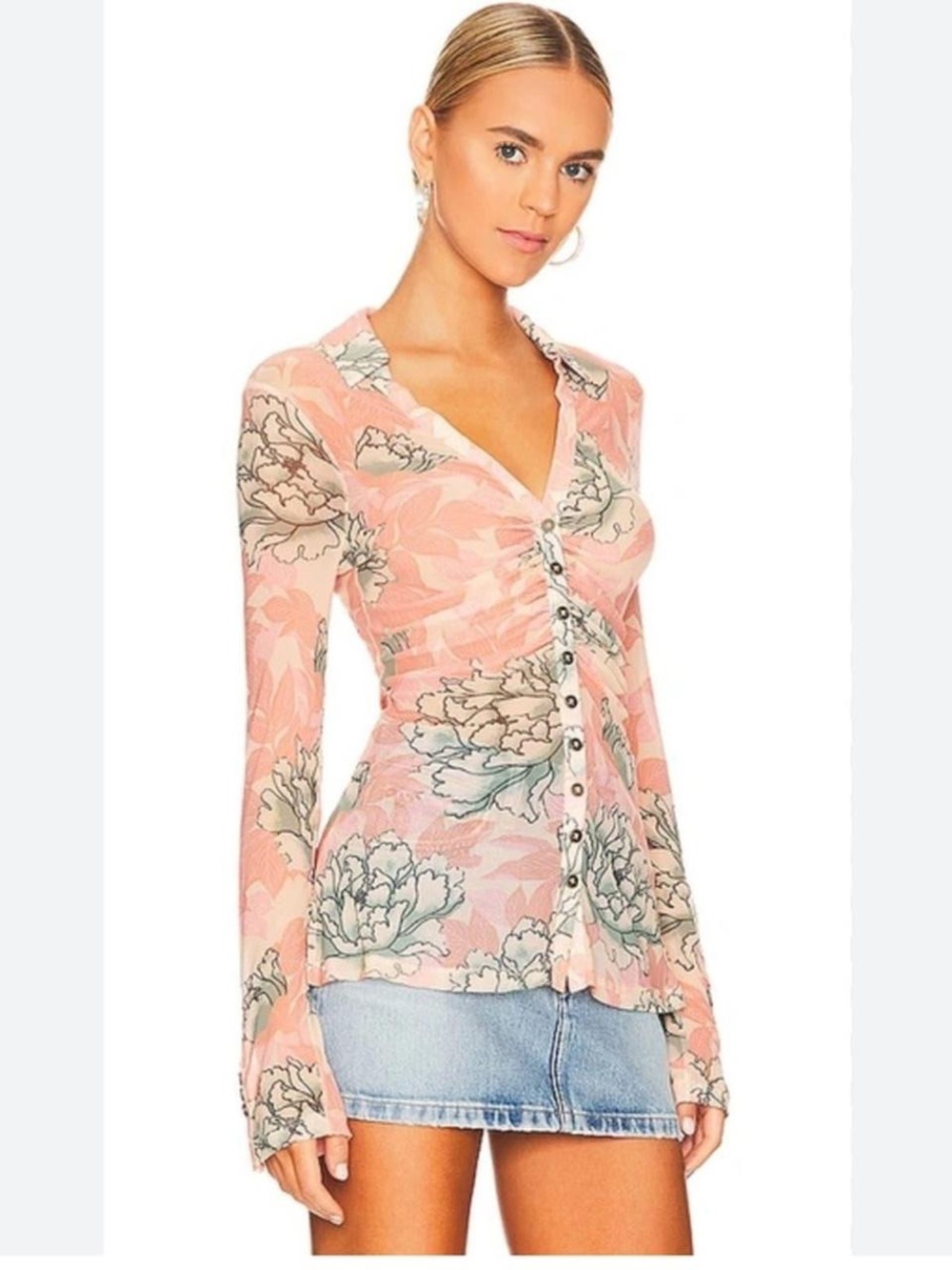 Free People Peach-Pink Floral Ruched Button-Down Top